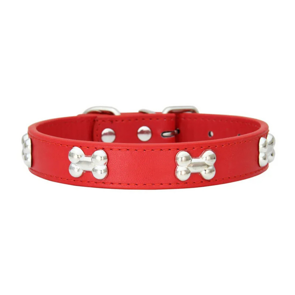 Coleira Colar de Couro com Design de Ossinho para Cães e Gatos