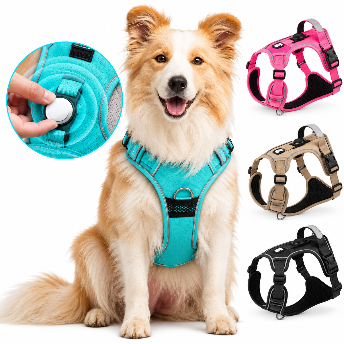 Peitoral Refletivo Ajustável para Cães com Suporte para AirTag – Confortável e Seguro