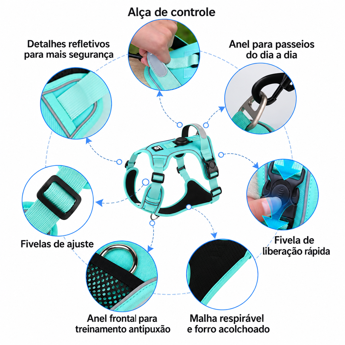 Peitoral Refletivo Ajustável para Cães com Suporte para AirTag – Confortável e Seguro