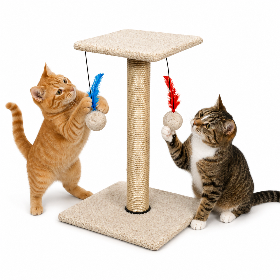 Arranhador Para Gatos Com Poste De Sisal Base Dupla Brinquedo Bolinha E Pena